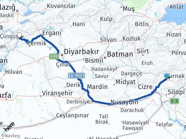Şırnak Çüngüş Diyarbakır Arası Kaç Km - Yol Haritası