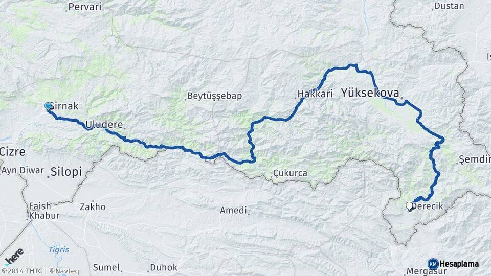 Şırnak Derecik Hakkari Arası Kaç Km - Yol Haritası