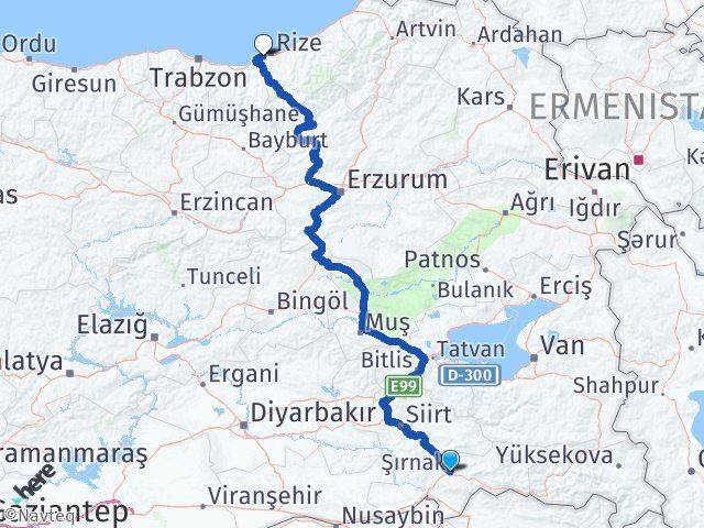 Şırnak Derepazarı Rize Arası Kaç Km - Yol Haritası