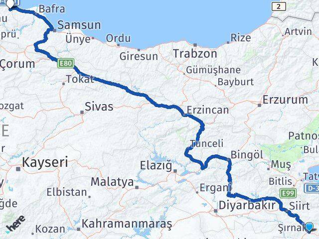 Şırnak Dikmen Sinop Arası Kaç Km - Yol Haritası