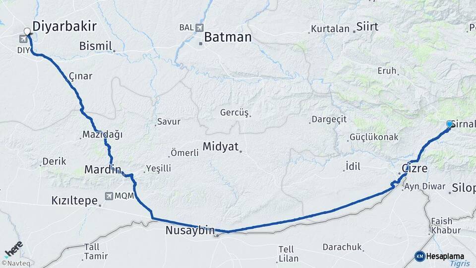 Şırnak Diyarbakır Havalimanı Arası Kaç Km - Yol Haritası