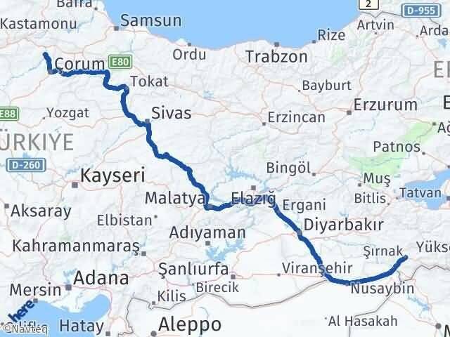 Şırnak Dodurga Çorum Arası Kaç Km - Yol Haritası