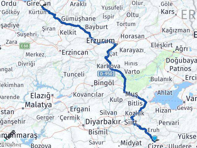Şırnak Doğankent Giresun Arası Kaç Km - Yol Haritası