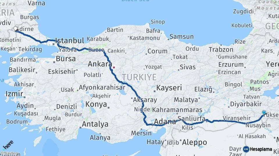 Şırnak Edirne Arası Kaç Km - Yol Haritası