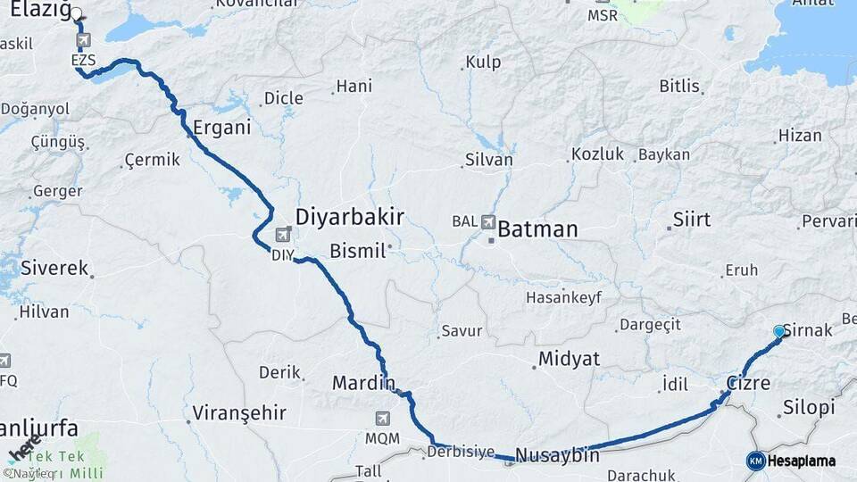 Şırnak Elazığ Arası Kaç Km - Yol Haritası