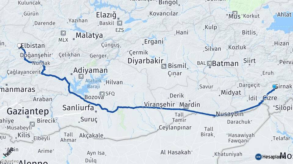 Şırnak Elbistan Kahramanmaraş Arası Kaç Km - Yol Haritası