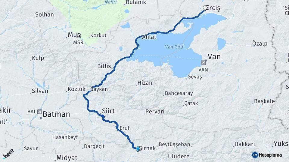Şırnak Erciş Van Arası Kaç Km - Yol Haritası