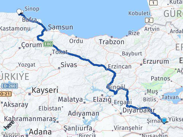 Şırnak Erfelek Sinop Arası Kaç Km - Yol Haritası