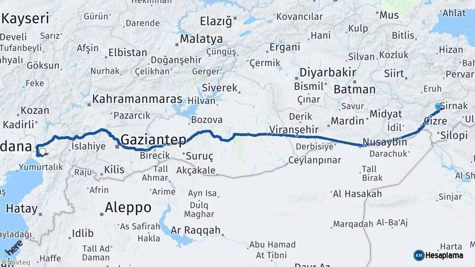Şırnak Erzin Hatay Arası Kaç Km - Yol Haritası