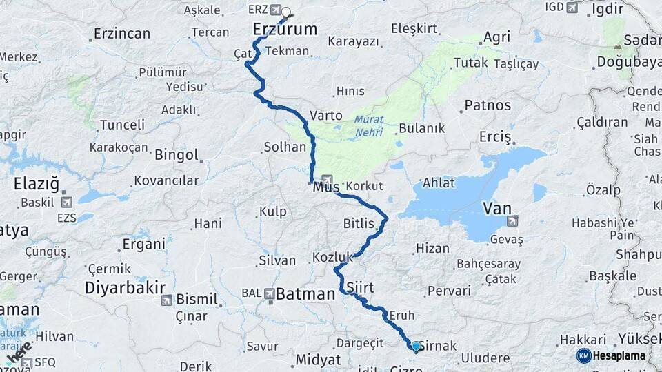 Şırnak Erzurum Arası Kaç Km - Yol Haritası