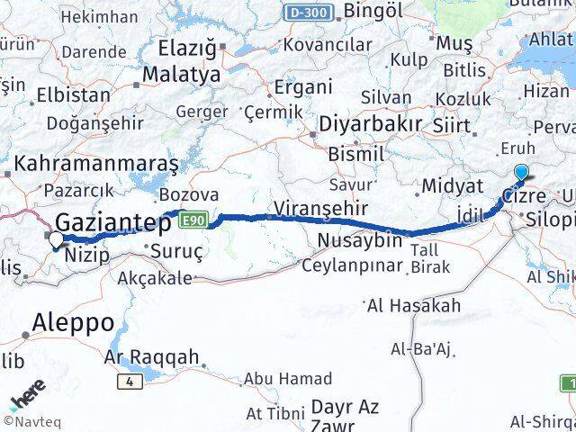 Şırnak Gaziantep Havalimanı Arası Kaç Km - Yol Haritası