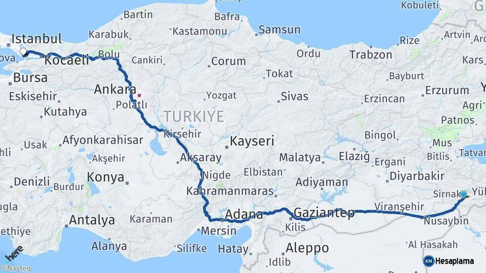 Şırnak Gebze Kocaeli Arası Kaç Km - Yol Haritası