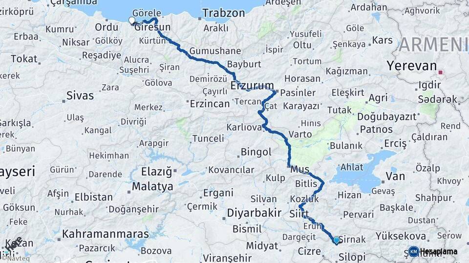 Şırnak Giresun Arası Kaç Km - Yol Haritası