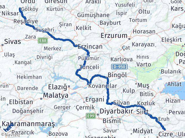 Şırnak Gölköy Ordu Arası Kaç Km - Yol Haritası