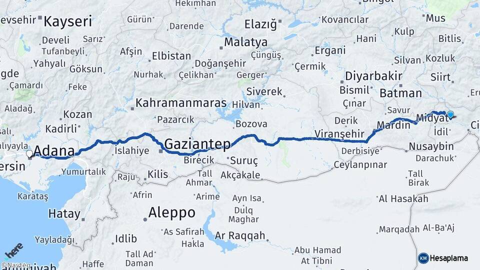 Şırnak Güçlükonak Adana Arası Kaç Km - Yol Haritası