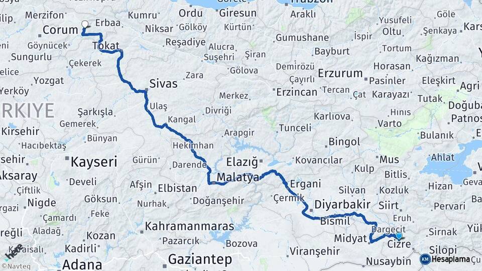 Şırnak Güçlükonak Amasya Arası Kaç Km - Yol Haritası