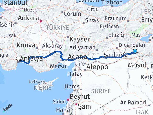Şırnak Güçlükonak Antalya Arası Kaç Km - Yol Haritası