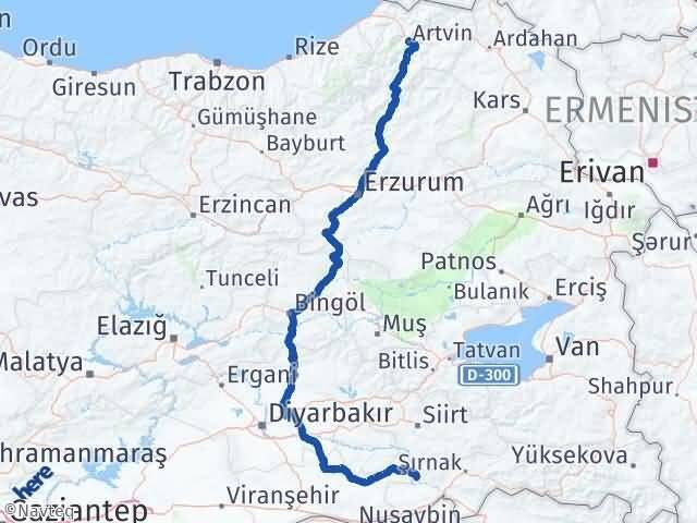 Şırnak Güçlükonak Artvin Arası Kaç Km - Yol Haritası