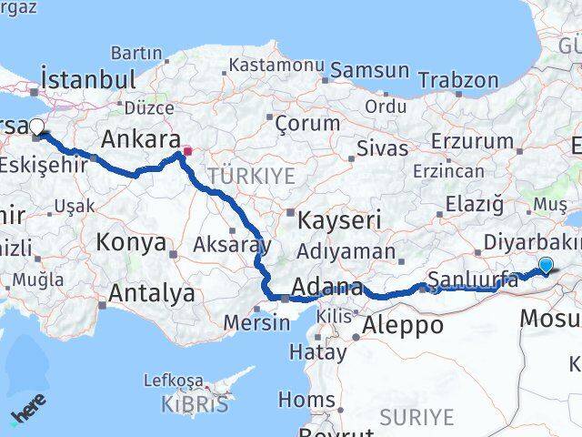 Şırnak Güçlükonak Bursa Arası Kaç Km - Yol Haritası