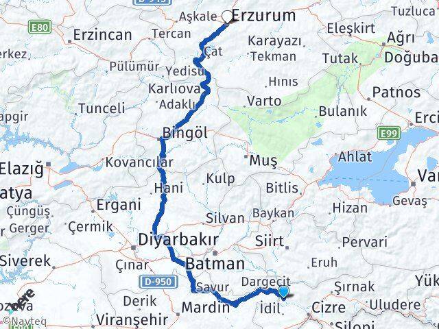 Şırnak Güçlükonak Erzurum Arası Kaç Km - Yol Haritası