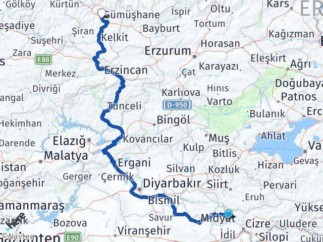 Şırnak Güçlükonak Gümüşhane Arası Kaç Km - Yol Haritası