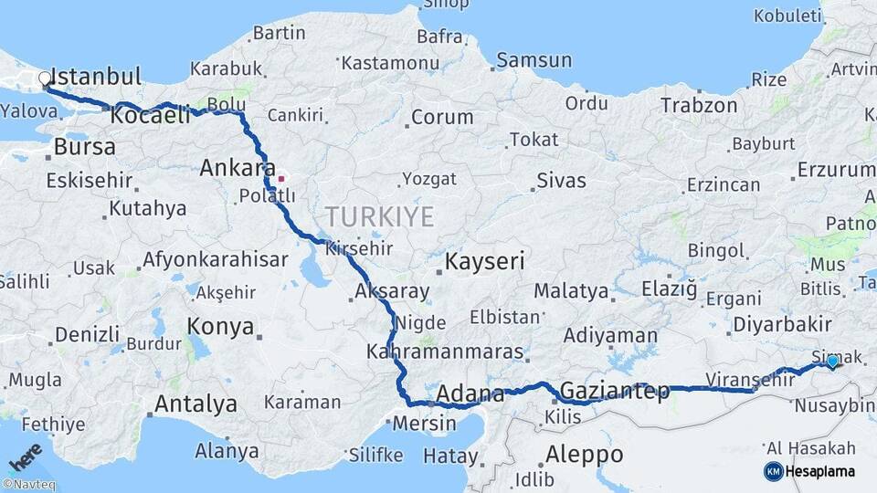Şırnak Güçlükonak İstanbul Arası Kaç Km - Yol Haritası
