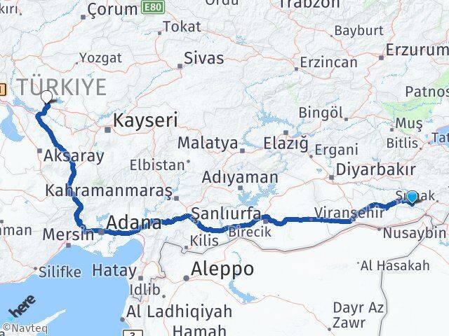 Şırnak Güçlükonak Kırşehir Arası Kaç Km - Yol Haritası