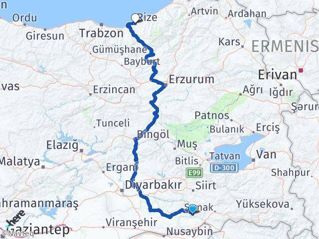 Şırnak Güçlükonak Rize Arası Kaç Km - Yol Haritası