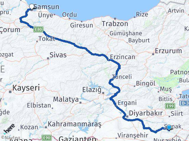 Şırnak Güçlükonak Samsun Arası Kaç Km - Yol Haritası