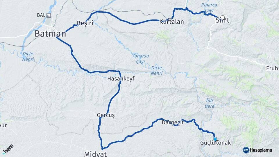 Şırnak Güçlükonak Siirt Arası Kaç Km - Yol Haritası