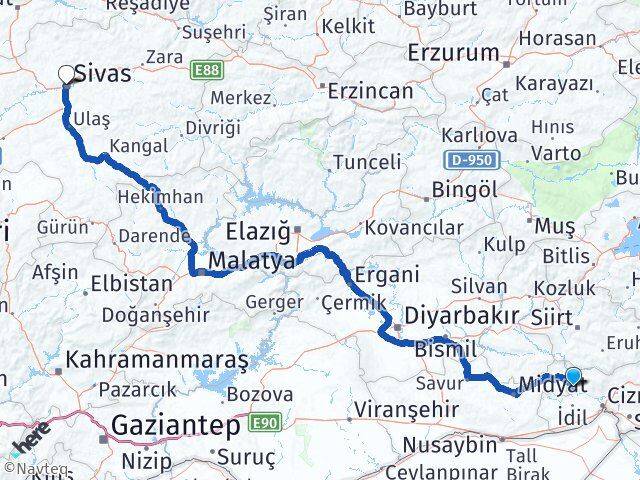 Şırnak Güçlükonak Sivas Arası Kaç Km - Yol Haritası