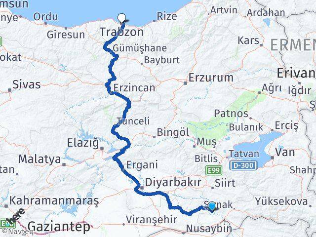Şırnak Güçlükonak Trabzon Arası Kaç Km - Yol Haritası