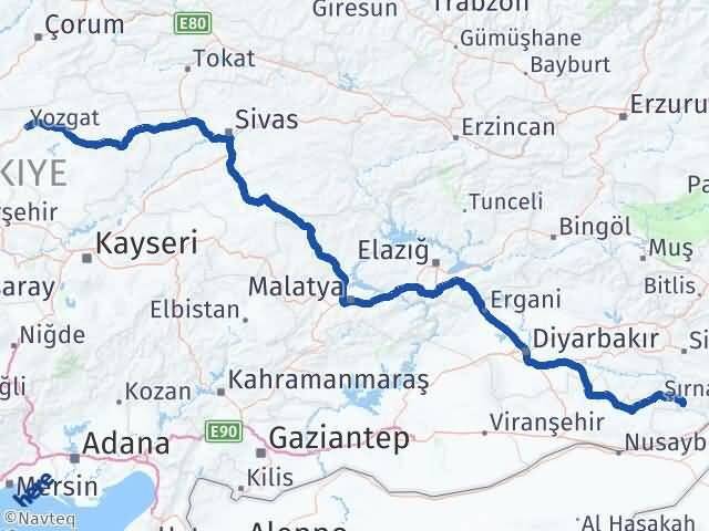 Şırnak Güçlükonak Yozgat Arası Kaç Km - Yol Haritası