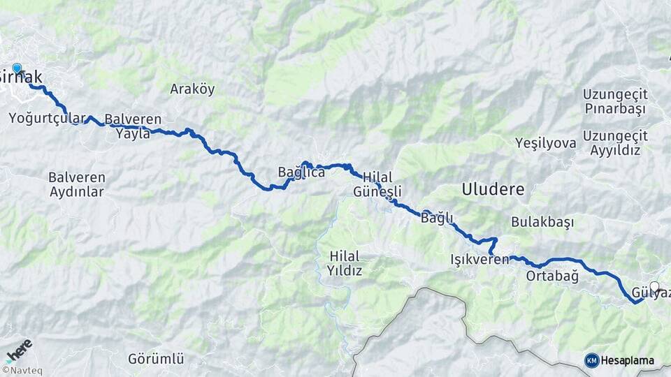 Şırnak Gülyazı Uludere Arası Kaç Km - Yol Haritası