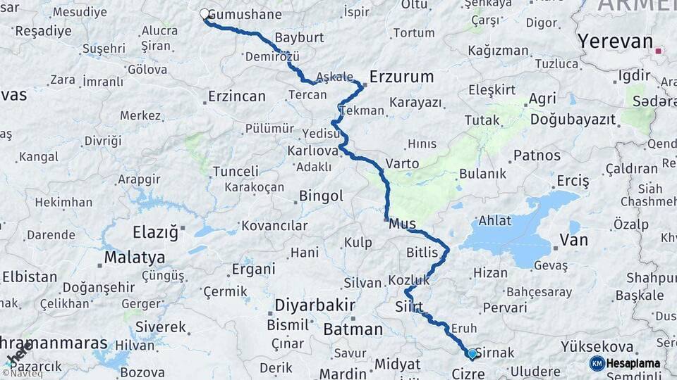Şırnak Gümüşhane Arası Kaç Km - Yol Haritası