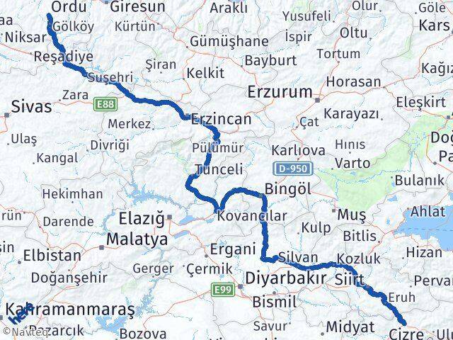 Şırnak Gürgentepe Ordu Arası Kaç Km - Yol Haritası