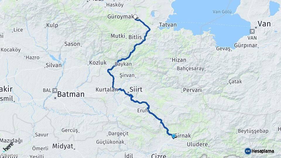 Şırnak Güroymak Bitlis Arası Kaç Km - Yol Haritası