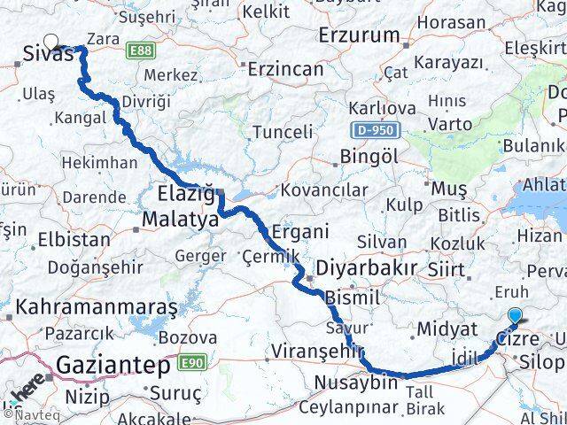 Şırnak Hafik Sivas Arası Kaç Km - Yol Haritası