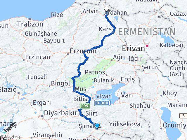 Şırnak Hanak Ardahan Arası Kaç Km - Yol Haritası