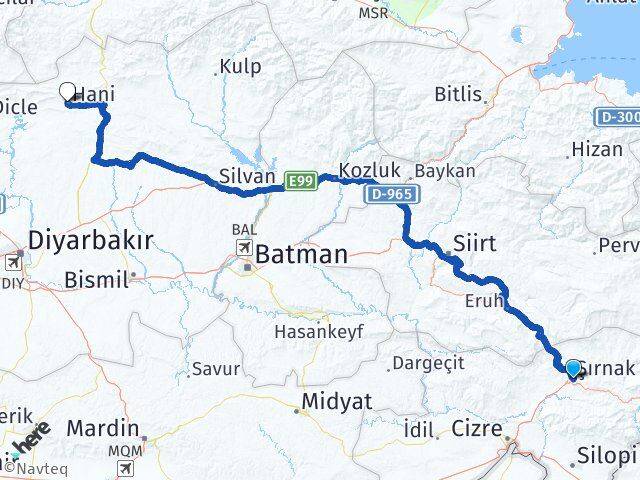 Şırnak Hani Diyarbakır Arası Kaç Km - Yol Haritası