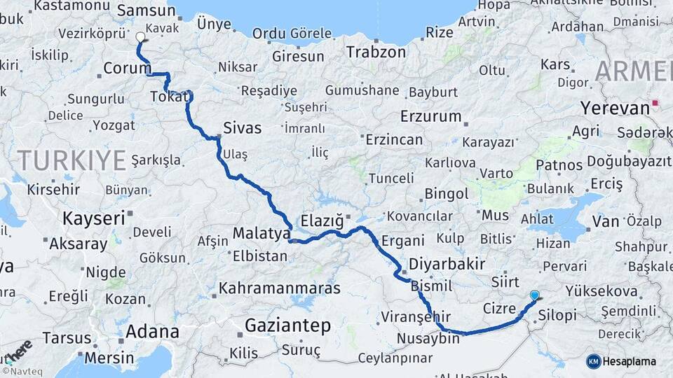 Şırnak Havza Samsun Arası Kaç Km - Yol Haritası