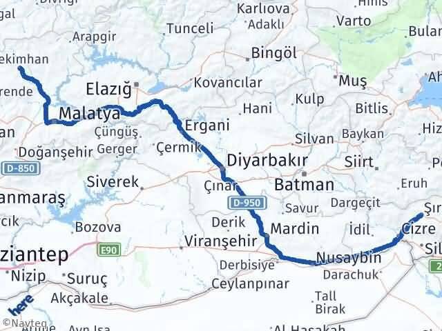 Şırnak Hekimhan Malatya Arası Kaç Km - Yol Haritası
