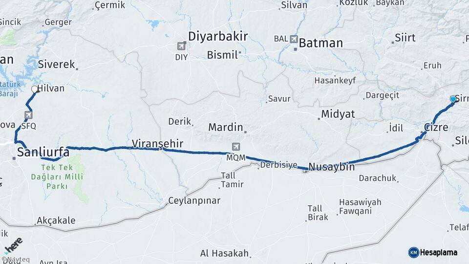 Şırnak Hilvan Şanlıurfa Arası Kaç Km - Yol Haritası