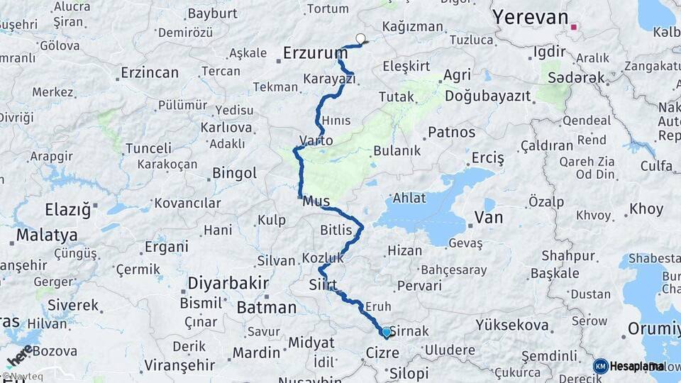 Şırnak Horasan Erzurum Arası Kaç Km - Yol Haritası