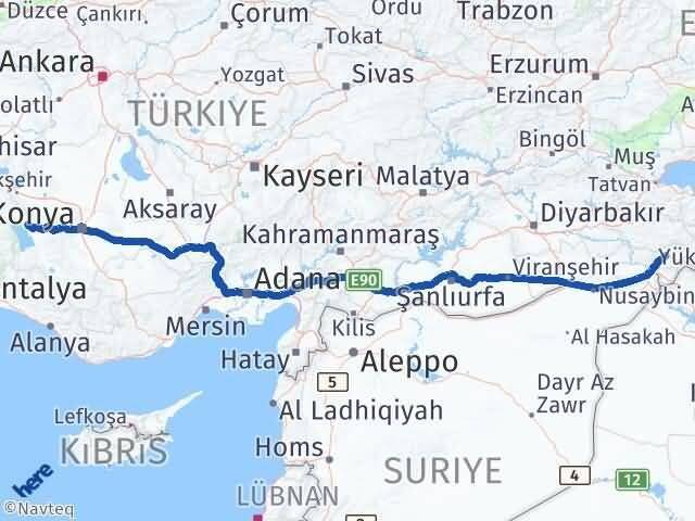 Şırnak Hüyük Konya Arası Kaç Km - Yol Haritası