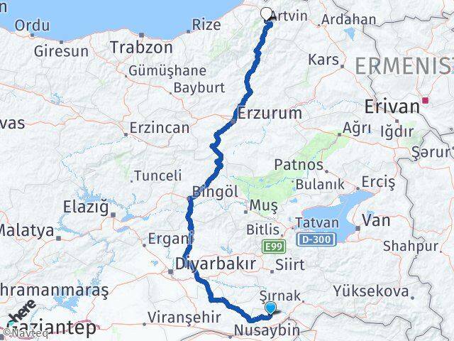 Şırnak İdil Artvin Arası Kaç Km - Yol Haritası