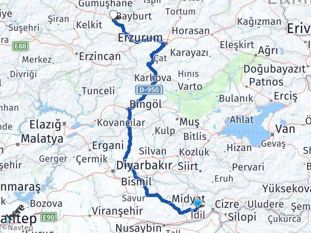 Şırnak İdil Bayburt Arası Kaç Km - Yol Haritası