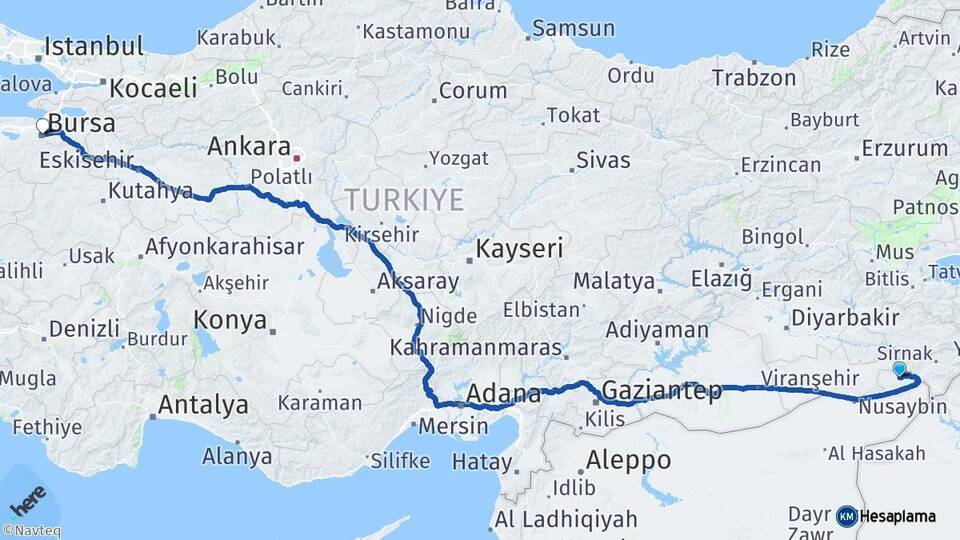 Şırnak İdil Bursa Arası Kaç Km - Yol Haritası