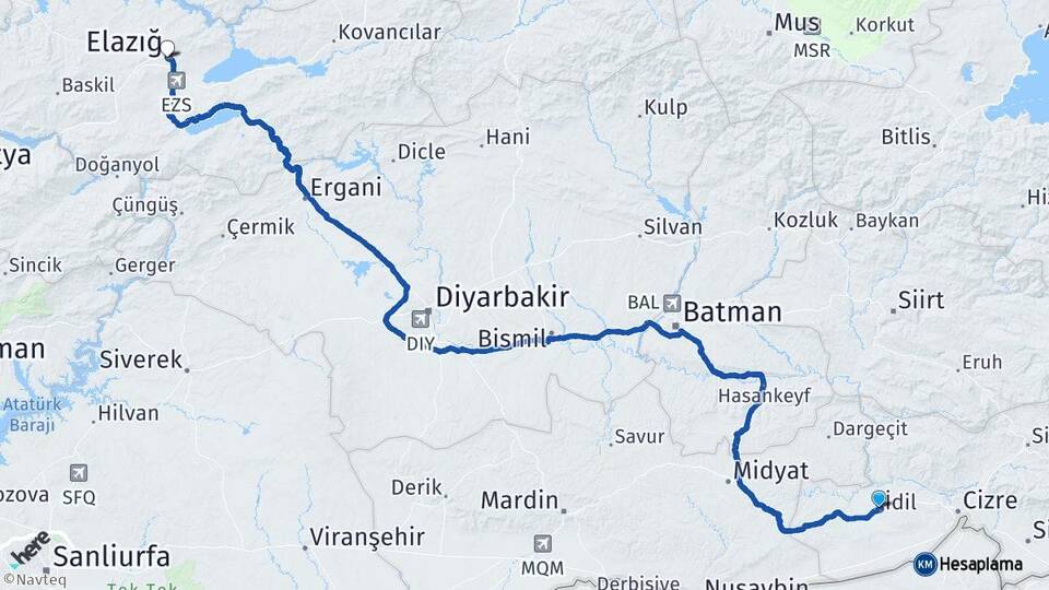 Şırnak İdil Elazığ Arası Kaç Km - Yol Haritası
