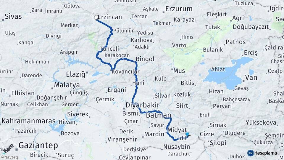 Şırnak İdil Erzincan Arası Kaç Km - Yol Haritası